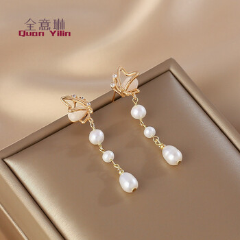 全意琳蝴蝶耳环精致长款珍珠耳钉女小众设计感网红耳饰蝴蝶珍珠耳环