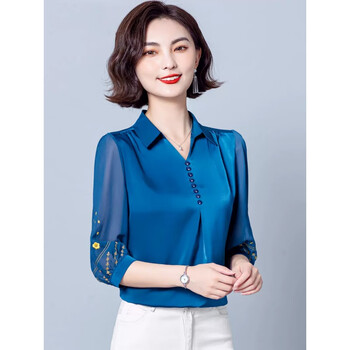 订棉麻时尚舒适高端刺绣真丝衬衫女2023秋款韩版百搭宽松上衣 孔雀蓝