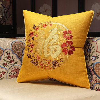 新中式抱枕红木沙发靠垫中国风客厅靠枕套床头靠背垫红色刺绣福字黄色