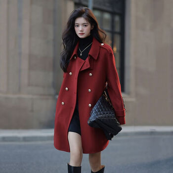 拉夏贝尔红色毛呢大衣女2023新款圣诞过年战衣复古中长款气质酒红色