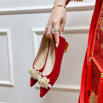 红蜻蜓水钻婚鞋新娘鞋2023年新款中式秀禾服结婚鞋红色敬酒两穿高跟鞋