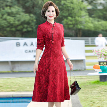 妈妈穿的喜庆衣服装春装连衣裙过年本命年红色春秋旗袍出嫁女儿婚礼服