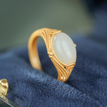 玛蒂菲和田玉开口戒指s925银镀金镶嵌椭圆蛋面宫廷风个性女指环送女友