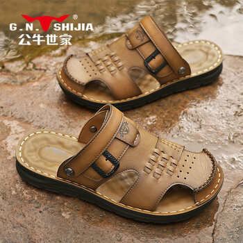 公牛世家凉鞋男夏季手工感复古凉拖鞋外穿包头防滑洞洞鞋黄棕38