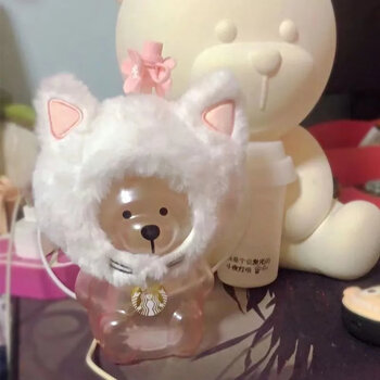 星巴克starbucks2021樱花猫咪头套小熊玻璃杯吸管杯随行可爱牛奶喝水