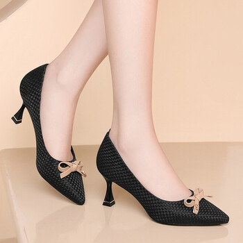 仓梵春季职场女神尖头细跟单鞋新款编织布面蝴蝶结装饰性感秀腿高跟鞋