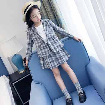 小孩子的衣服女童装时髦套装裙洋气大童春装2019新款儿童格子小西装
