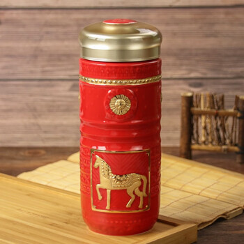 落歆活瓷杯骏马随身杯双层陶瓷带盖泡茶水杯商务礼品杯中国红鎏金礼盒