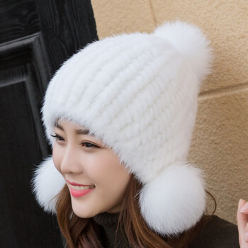 水貂毛皮草帽子女士冬季加厚保暖护耳貂皮编织帽子狐狸球帽子白色纯