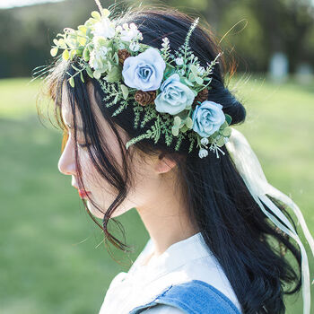 ins日韩新娘花环头饰发箍发饰仙女森系超仙婚纱皇冠拍照饰品绢花浅蓝
