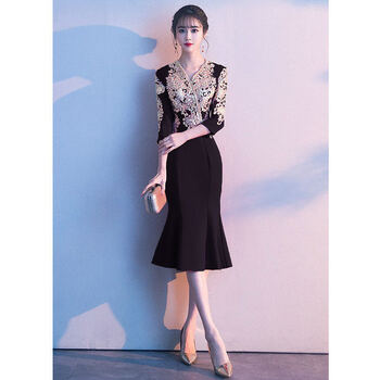 晚礼服鱼尾秋冬季宴会长款女公司年会晚会女主持人服装礼服修身v领