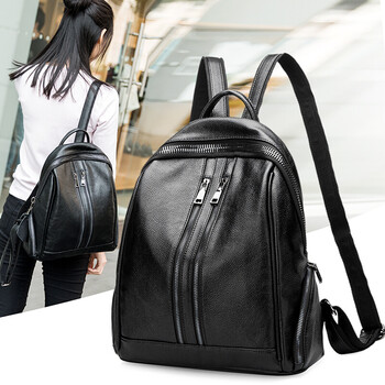包女士休闲背包潮流多用途旅行包学院风中学生书包 简约拉链双肩包