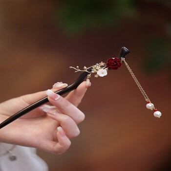 含春花簪子女古风盘发头饰玫瑰花步摇流苏过年发簪红色旗袍木簪发钗