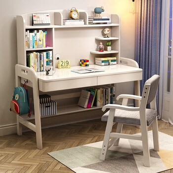 灵巧 实木书桌书架一体电脑桌小户型儿童学习桌女孩卧室写字台椅子