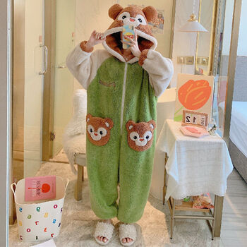 梦格曼珊瑚绒连体睡衣女冬季成人加绒加厚连裤家居服学生卡通可爱一体