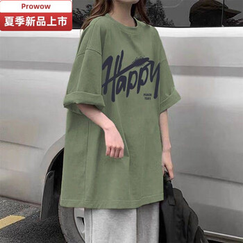 prowow夏季短袖t恤女韩版字母印花2024宽松休闲半袖中长款别致上衣