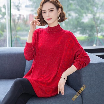中年妇女毛衣中款洋气秋秋中长款针织衫女士显瘦打底衫红色l建议1101