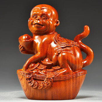 十二生肖摆件鼠牛虎兔子龙蛇马羊猴鸡狗猪浮雕红木工艺品 花梨木猴子