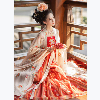 旷美唐制汉服女裙原创唐风簪花仕女图裙大袖衫披帛套装大袖衫裙披帛