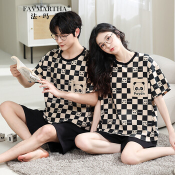 法玛莎品牌两套价情侣睡衣情人节礼物2022夏季新品纯棉短袖短裤青年休闲格子家居服ZKL-10025情侣款 女M送男L