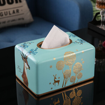 抽纸盒客厅家用轻奢北纸巾盒美式创意餐巾盒式陶瓷纸抽盒 蓝色方形款