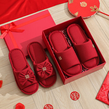 新一代夏季结婚拖鞋一对情侣居家厚底新郎新娘新婚陪嫁高级喜庆红色婚