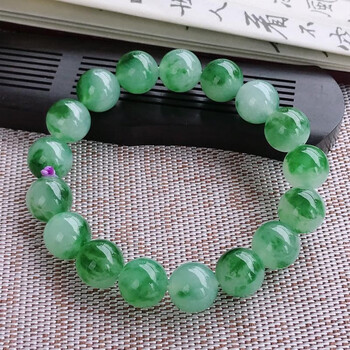 彩芷缅甸老坑翡翠 玉石手链 冰种阳绿色飘绿花圆珠 手串珠 翠绿 6cm