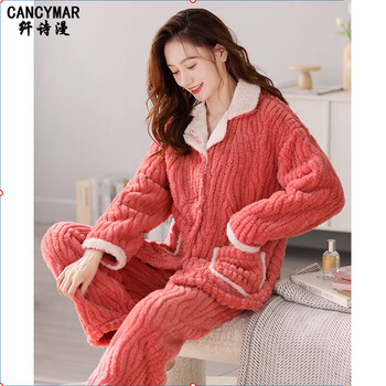 cancymar品牌珊瑚绒睡衣女2022冬季新款加厚加绒法兰绒大码女士冬款