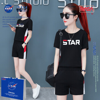 WHIM NASA运动套装女夏季新款T恤休闲两件套胖mm韩版大码显瘦宽松休闲跑步 黑色 3XL【150-170斤】