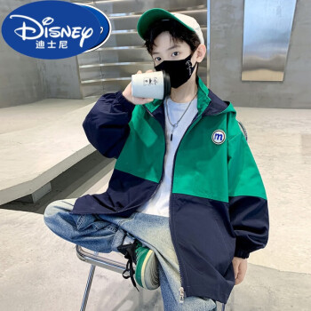 迪士尼品牌童装男童外套春秋款儿童拼色连帽夹克男孩春 绿色 120cm
