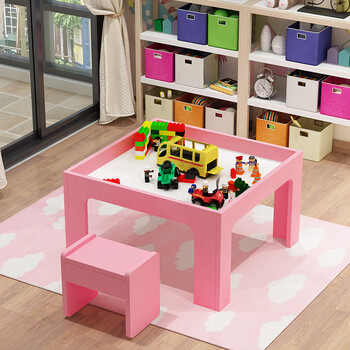 儿童玩具积木桌子大号男孩拼装游戏玩沙桌宝宝多功能通用 57*57【粉】