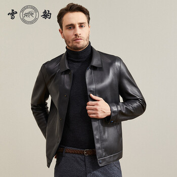 雪豹 真皮皮衣头层绵羊皮秋季翻领短款宽松单排扣门襟斜插袋双面皮皮