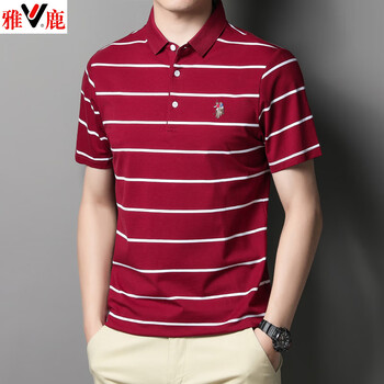 雅鹿夏季中年男士短袖棉t恤翻领男红色m90到120斤