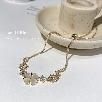 韩版气质四叶草微镶锆石手链可调节抽拉绳设计猫眼石幸运草首饰四叶草