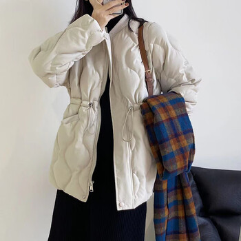 无领秋冬季天穿的圆领没有领绵服棉服女冬季中长款收腰欧货菱格棉衣