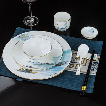 亚彩 酒店用品陶瓷摆台餐具套装高档会所餐厅中式饭店盘碗定制logo印