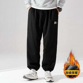 婚帛冬季加绒保暖休闲裤男士宽松街潮束脚运动裤胖子大码加厚长裤子男