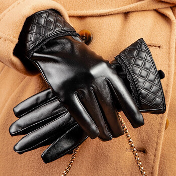 女士皮手套冬天女加绒开车冬季保暖骑行可触屏骑车用防寒防风黑色