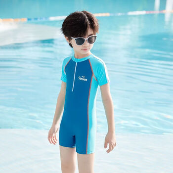 儿童泳衣男童2023新款连体防晒宝宝泳裤中大男孩游泳训练夏季泳装蓝色
