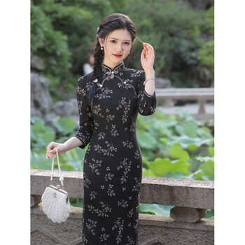 为知树官方网旗舰秋季麂皮绒圆襟中长款旗袍文艺复古中国风女士旗袍