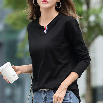 溥款夏天长袖t恤女t恤薄夏季新款宽松打低打底衫纯色竹节棉韩版上衣