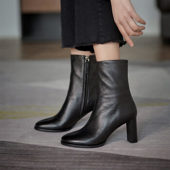 波徊法式羊皮高跟短靴女圆头侧拉链复古及踝靴2021年秋季时装粗跟女靴