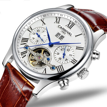 嘉年华手表男机械表全自动陀飞轮镂空多功能皮带精钢防水男表 8670