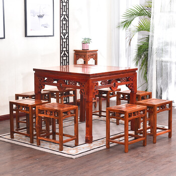 可狄 实木中式八仙桌明清古典仿古桌椅组合酒店酒楼餐桌铜钱小方桌