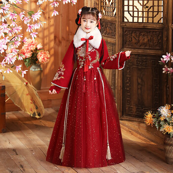儿童古装超仙中国风唐装新年拜年服过年衣服冬款礼服酒红色连衣裙汉服