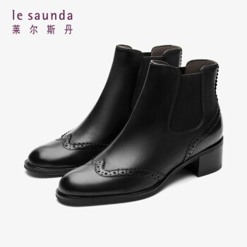 莱尔斯丹秋冬新款时尚圆头套脚切尔西中跟女靴LS    1T61254 黑色 BKL 37