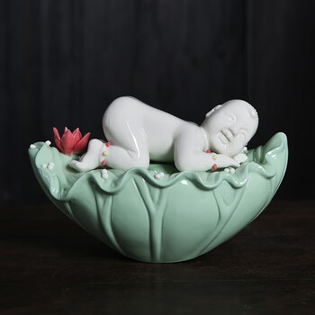 缘裕佳第 中国风陶瓷摆件陶瓷金童玉女情侣求子子童子童女荷叶娃娃结