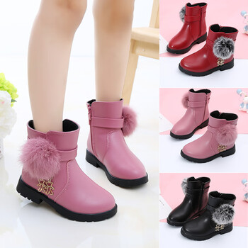 棉鞋加绒皮鞋毛球皮靴女童鞋学生棉靴雪地靴秋冬款中筒靴 粉色二棉 30