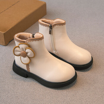 gduckkids小黄鸭女童靴子冬季新款儿童马丁靴女孩公主鞋二棉加绒米色