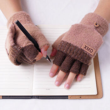 墨姿岚手套男童冬天学生保暖半指翻盖写字中大童韩版女孩少年防寒五指